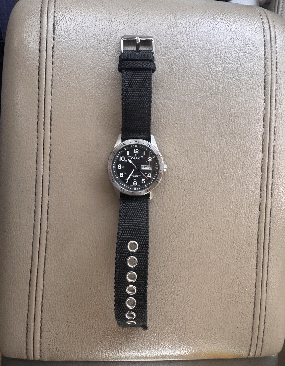Casio MTP-S120 Solar Quartz Day/Date 100m Black Dial NATO Nylon Strap