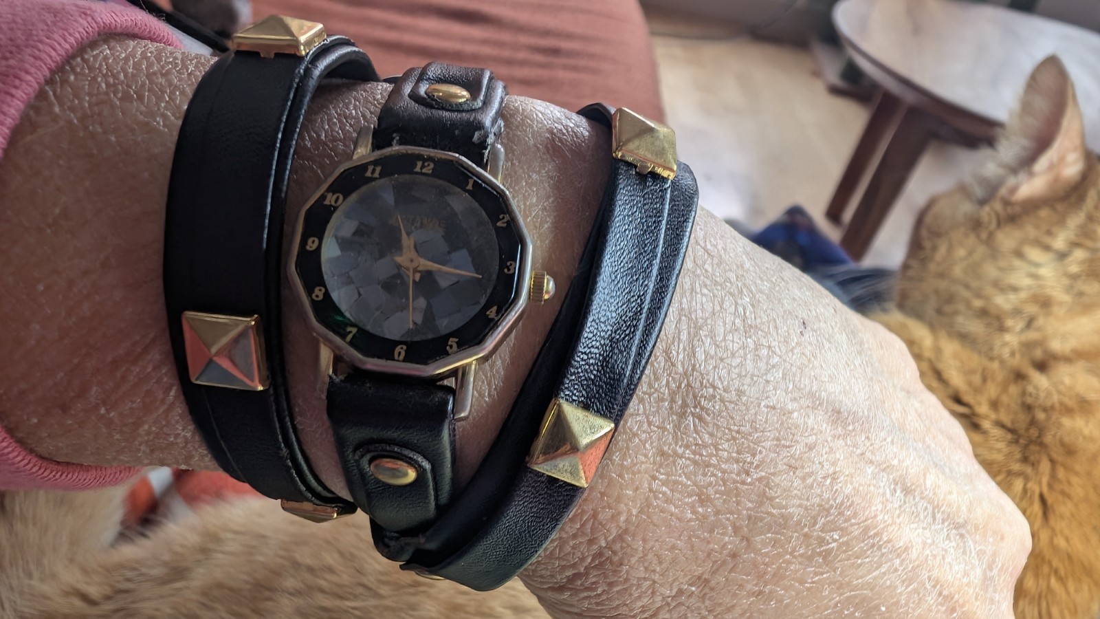 Vintage Gitano Quartz Wrap Watch Black Stud Strap Gold Tone 80s Glam Rock Style