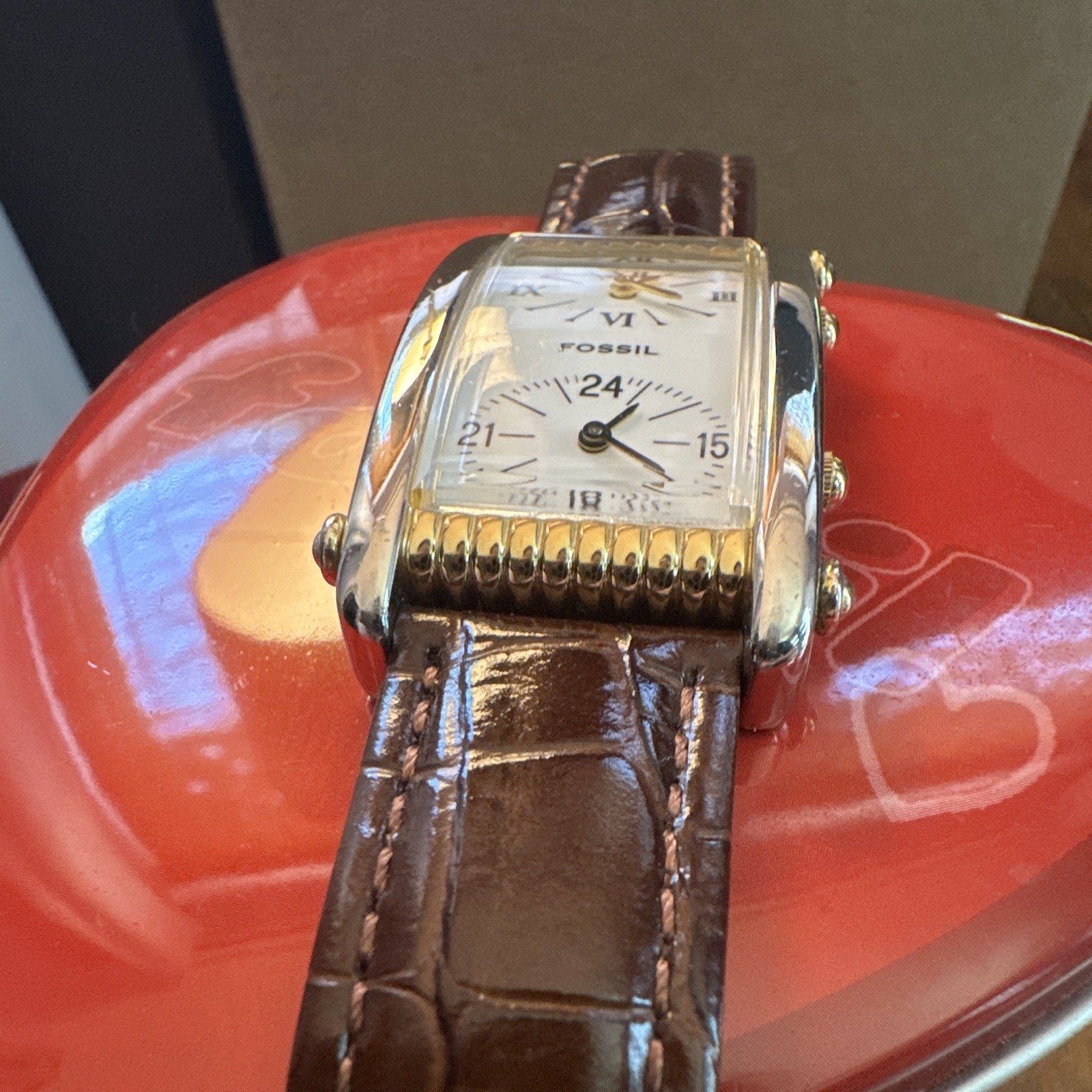 Fossil Vintage Dual Time Rectangle Dress Watch Quartz 24HR White Dial 24MMx44MM