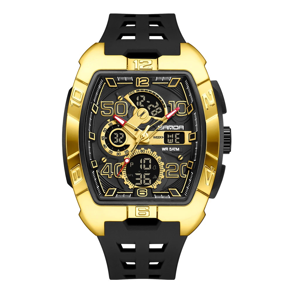 SANDA Fashion Men’S Dual Display Sport Digital Watch TPU Large Dial Luminous Chr