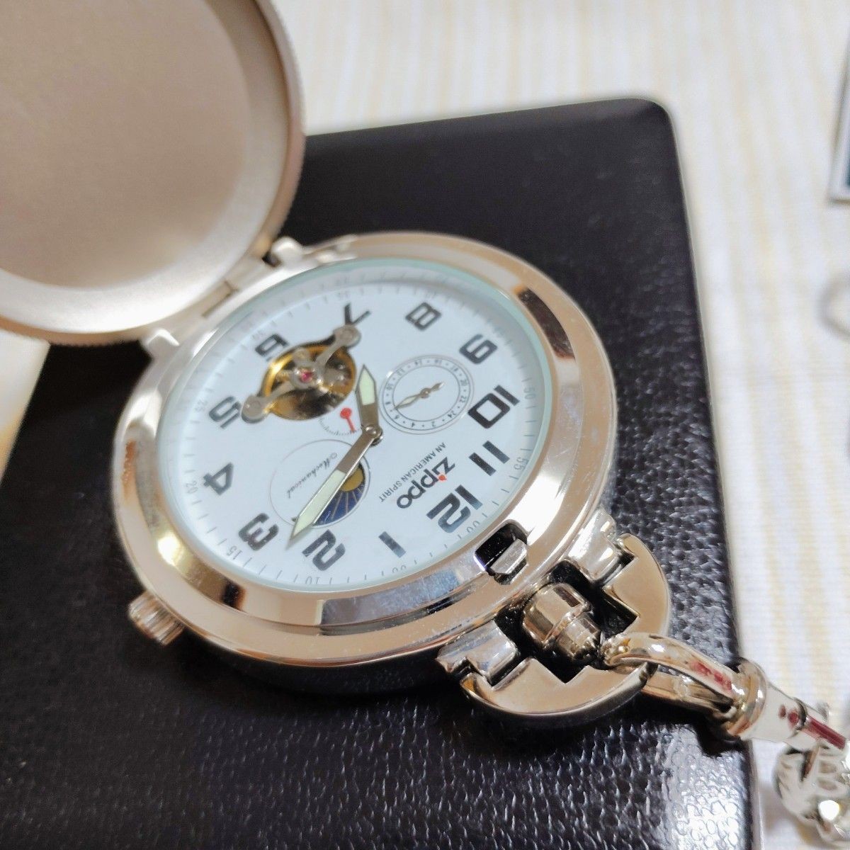 ZIPPO U.S. HARD WATCH Automatic Pocket Watch Skeleton Silver w/ Box Chain NOS
