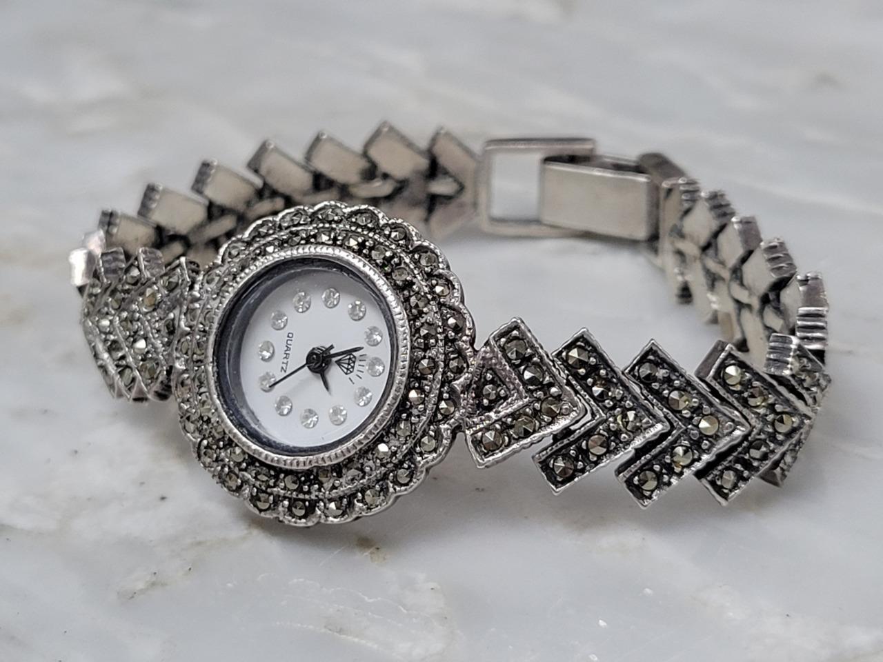 Sterling Silver Marcasites Accented Quartz Wristwatch 7″ ~ 38.9g ~ 12-E1019