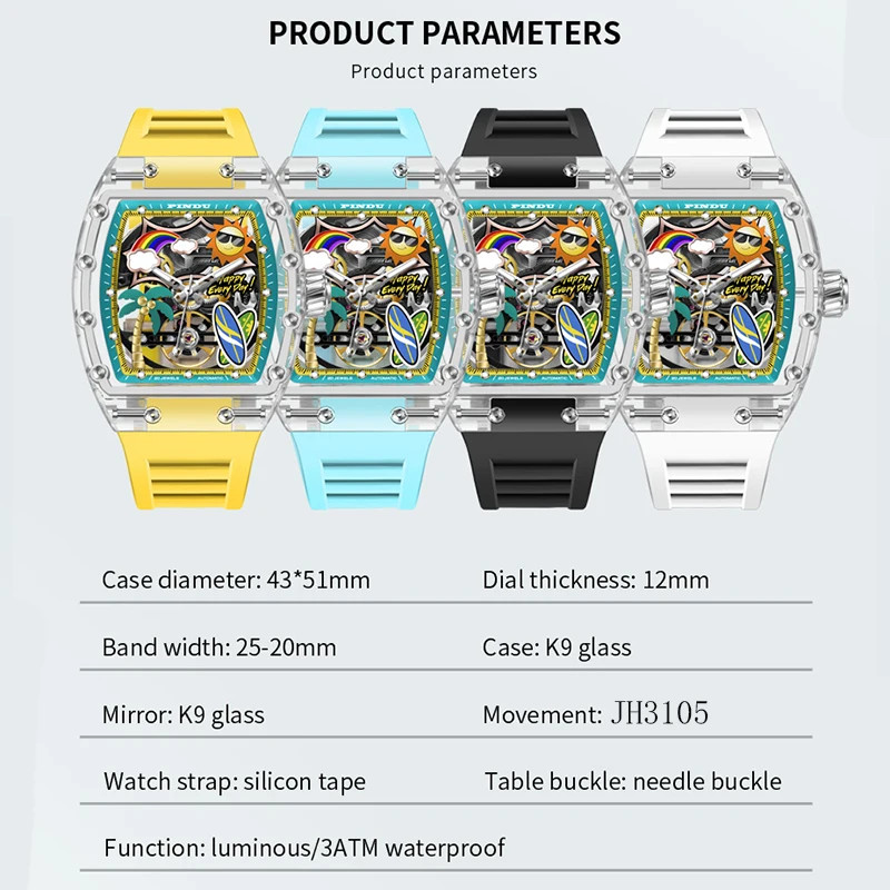 PINDU Men Mechanical Watch Tonneau Summer Beach Glowing Waterproof Silicone