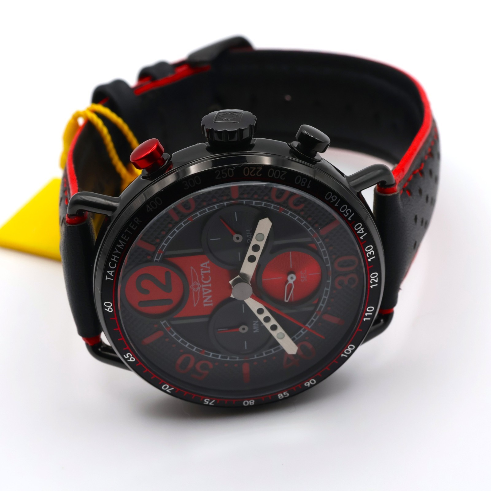 Invicta Racing Chronograph 49366 44mm Black Red Dial Leather Strap Date Quartz