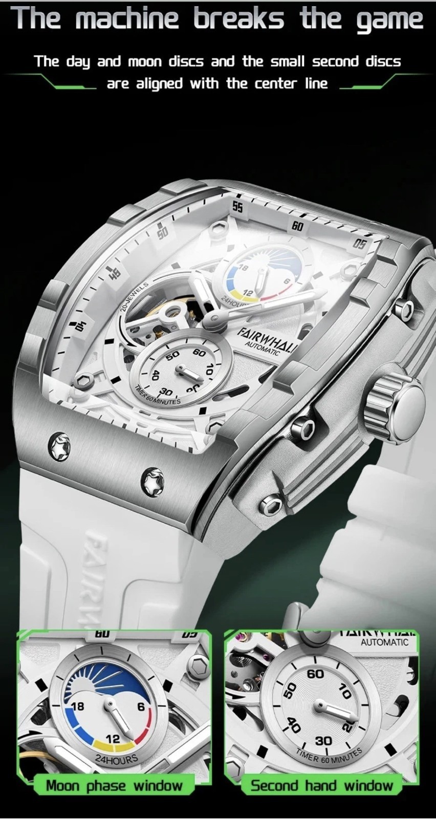 Mark Fairwhale Tonneau Skeleton Luminous Tourbillon Mechanical Automatic Watch