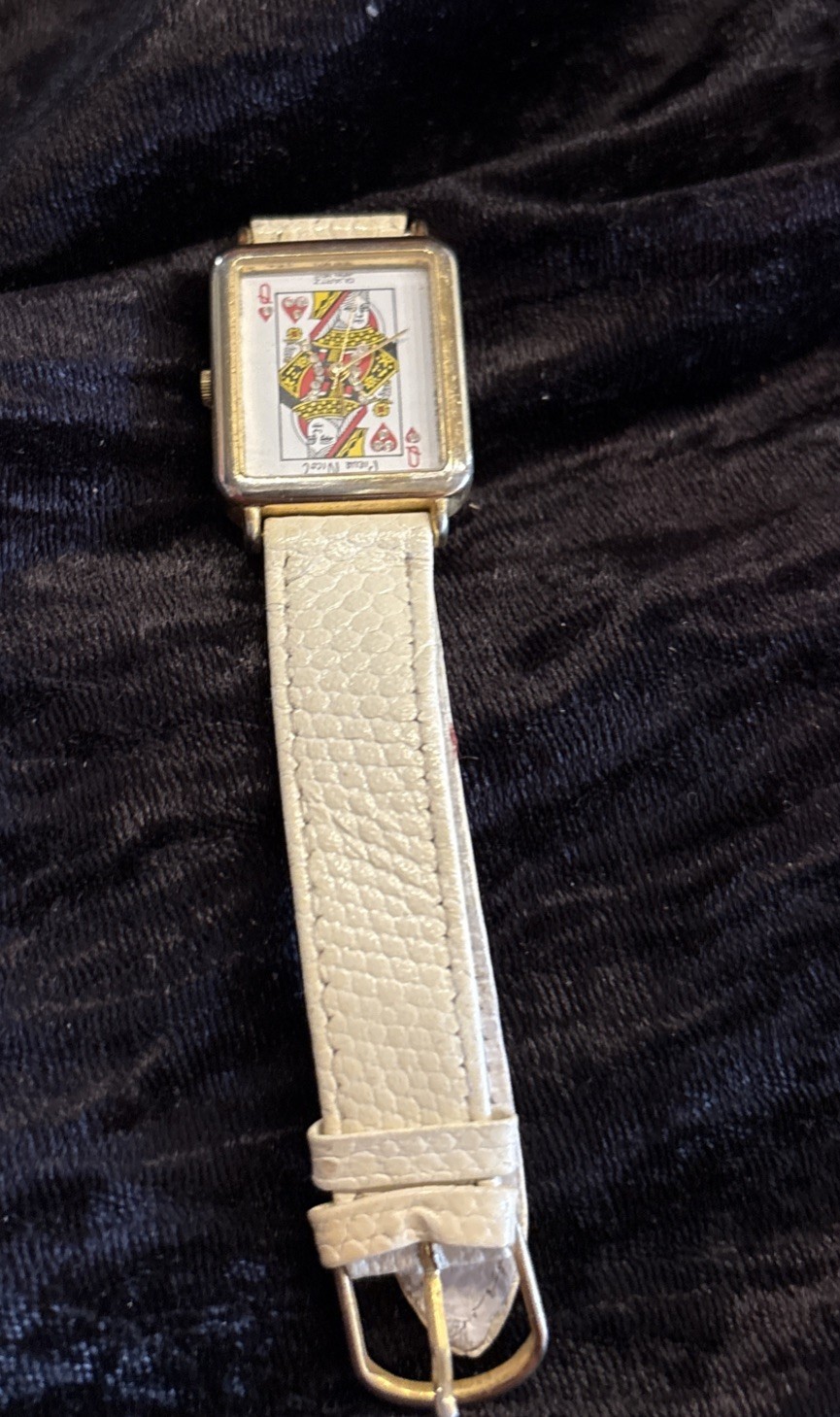 Pierre Nicol Queen of Hearts Womans Watch White Leather Watchband Poker