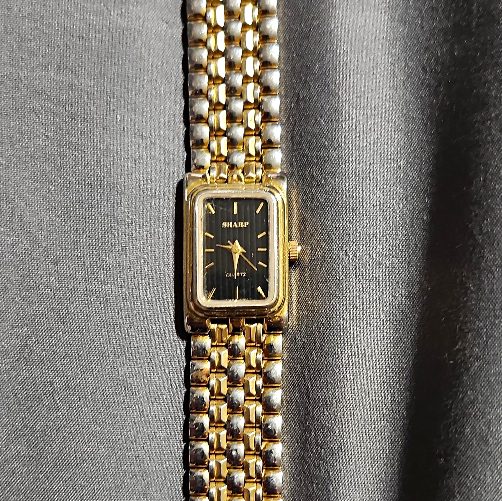 SHARP Quartz Women’s Tank Style Black Dial New Battery SS Bracelet