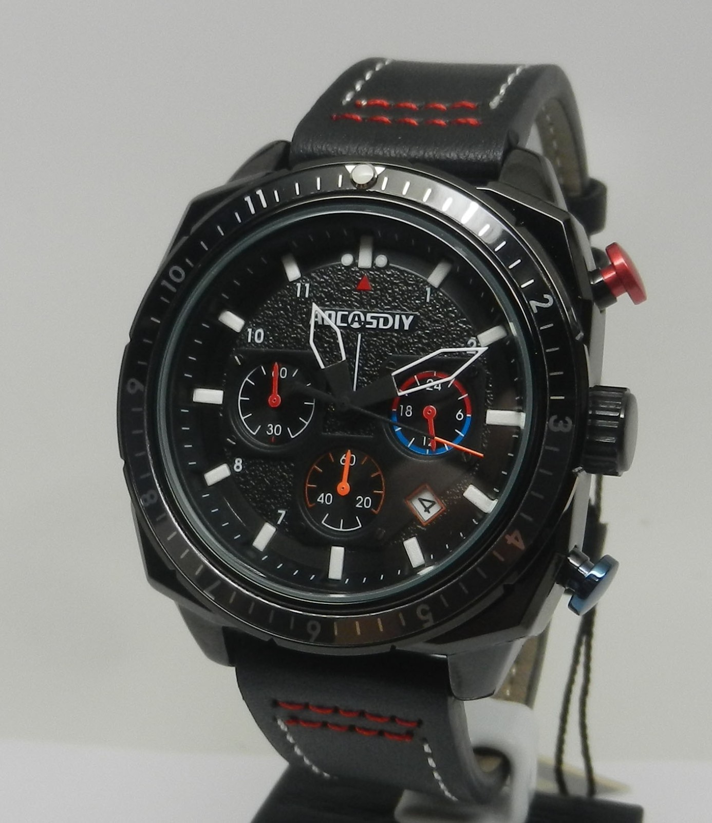 Men’s 45mm Black Textured Chronograph Date Dial W/ Leather 24HR Dial Sport Watch