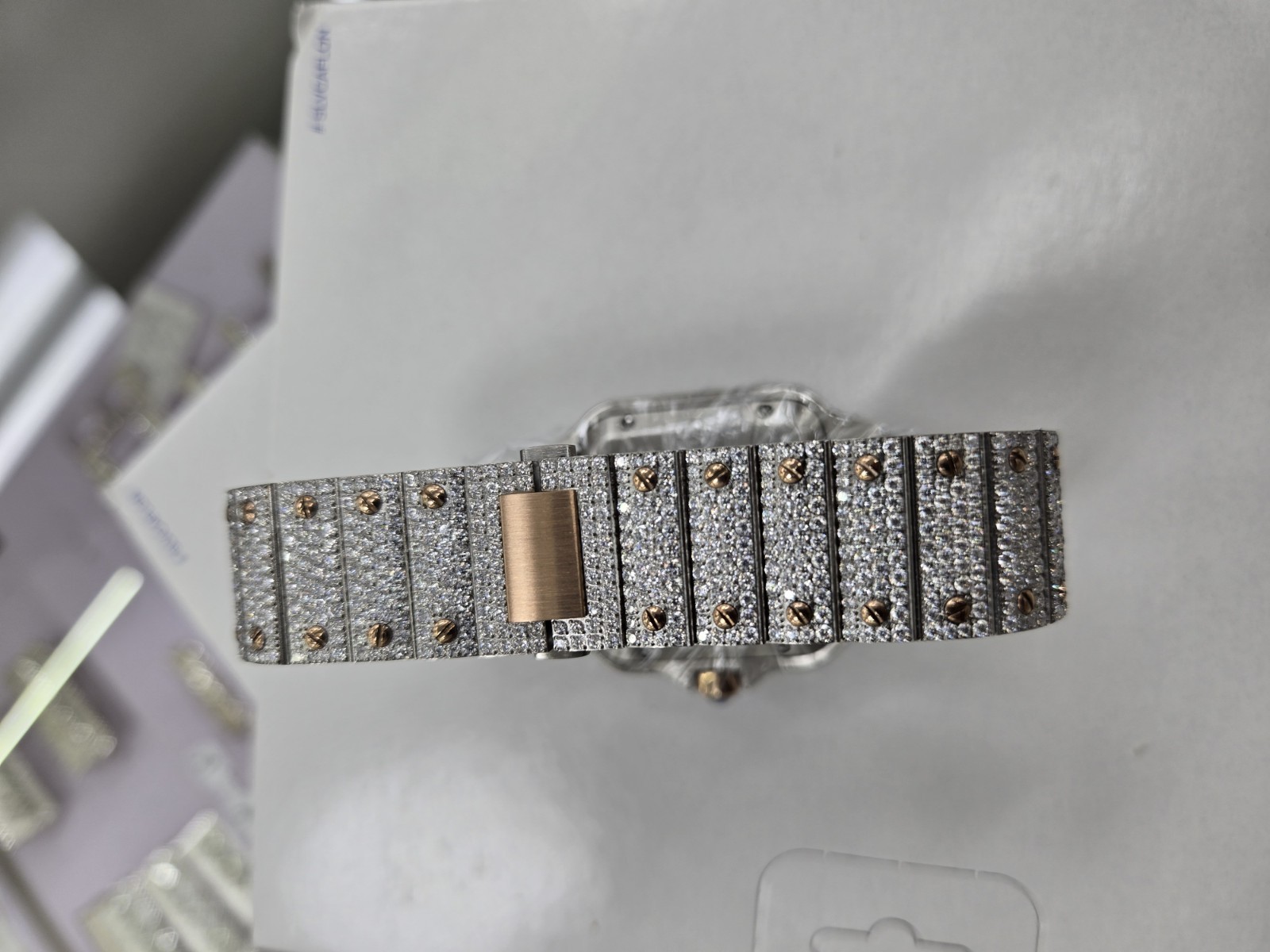 Moissanite Watch, St.Steel Case & Band Steel/Rose G Color Buckle,Brand New w/Box