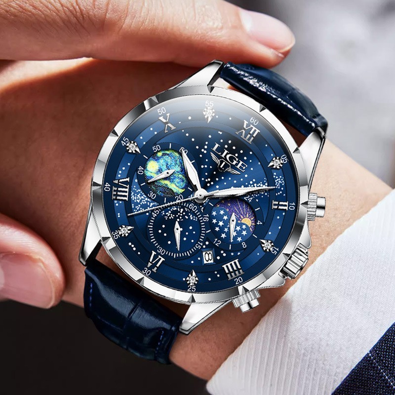 LIGE Luxury Quartz Men’s Watch Leather Strap Date Waterproof Luminous Wristwatch