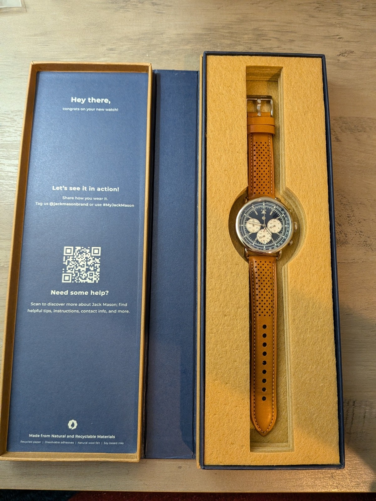 Jack Mason Avigator Meca-Quartz Chronograph Watch 42Mm | Navy Dial On Tan Strap
