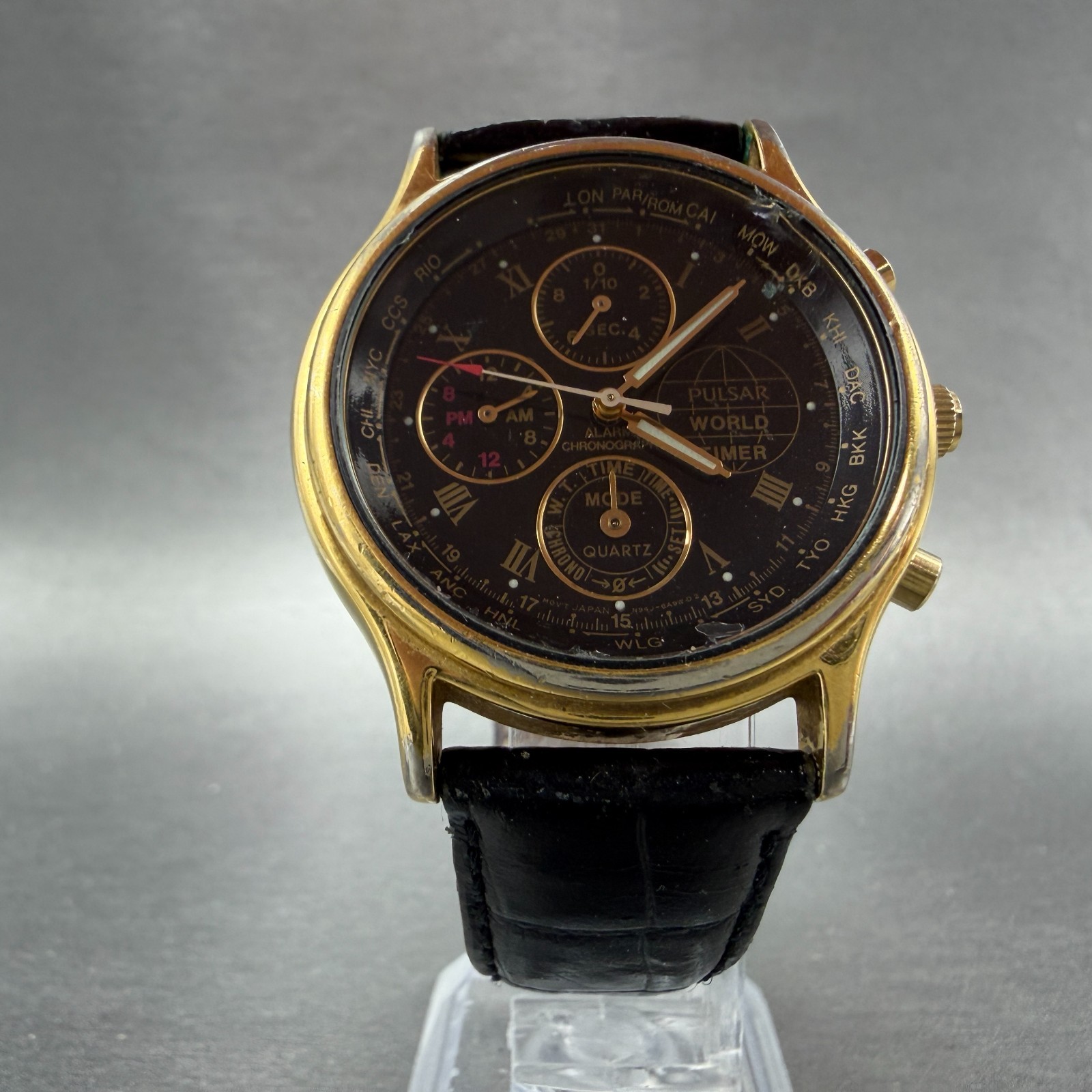 Pulsar World Time Watch Men 38mm Black Dial Gold Tone Alarm Chrono N94J-6A50