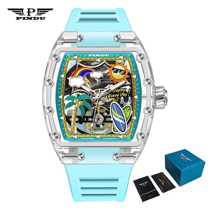 PINDU Men Mechanical Watch Tonneau Summer Beach Glowing Waterproof Silicone