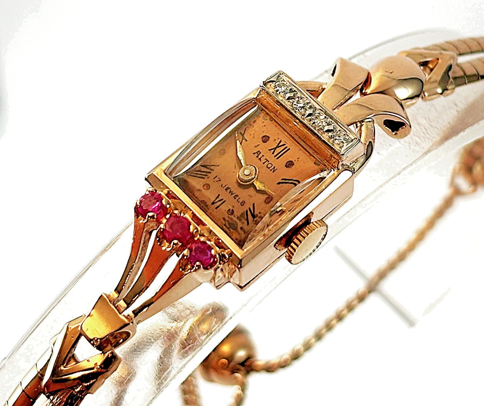 Vintage Alton Solid 14K Rose Gold Diamons Rubies Petite Cocktail Lady’s Watch