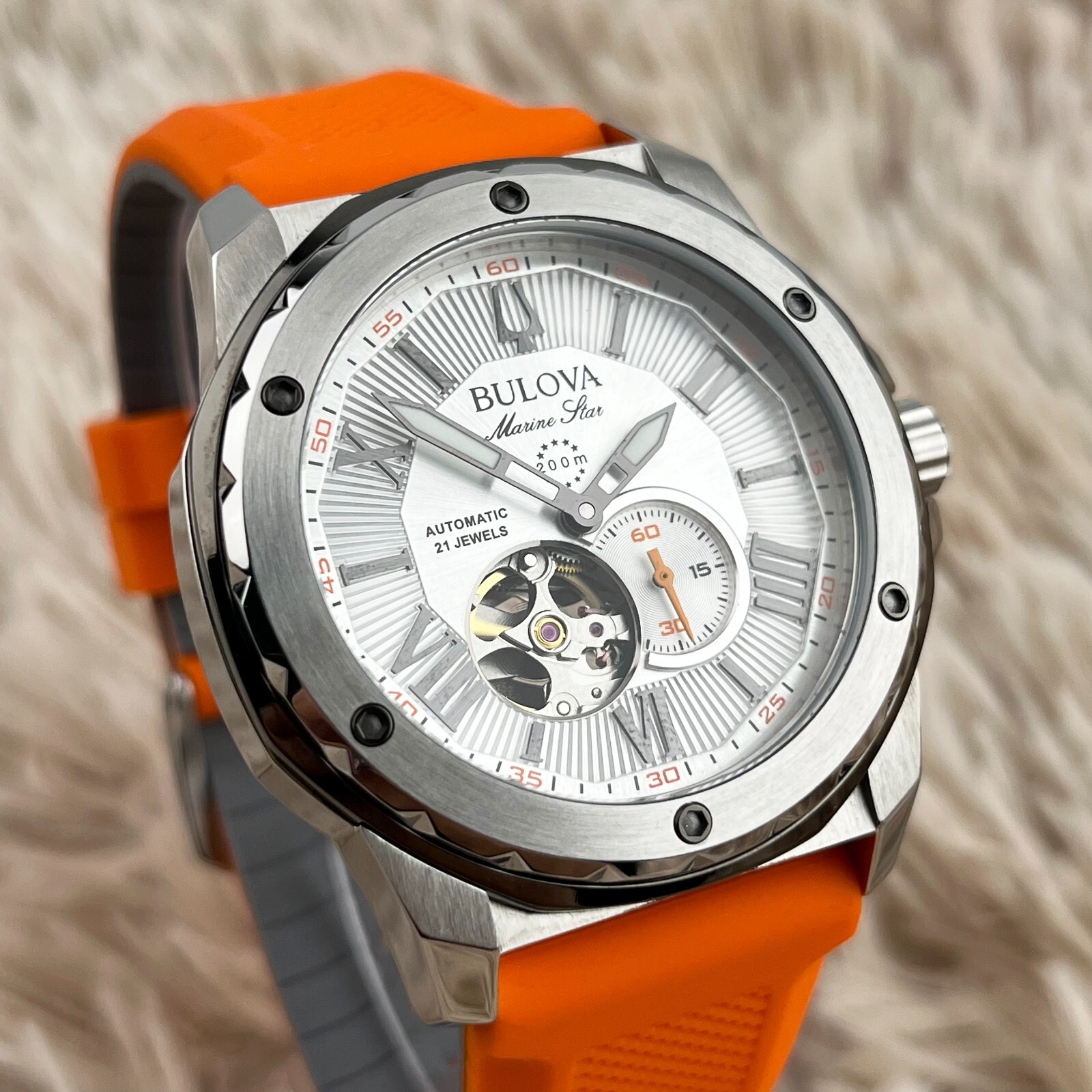 Bulova Marine Star Automatic White Dial Orange Rubber Strap Men’s Watch 98A226