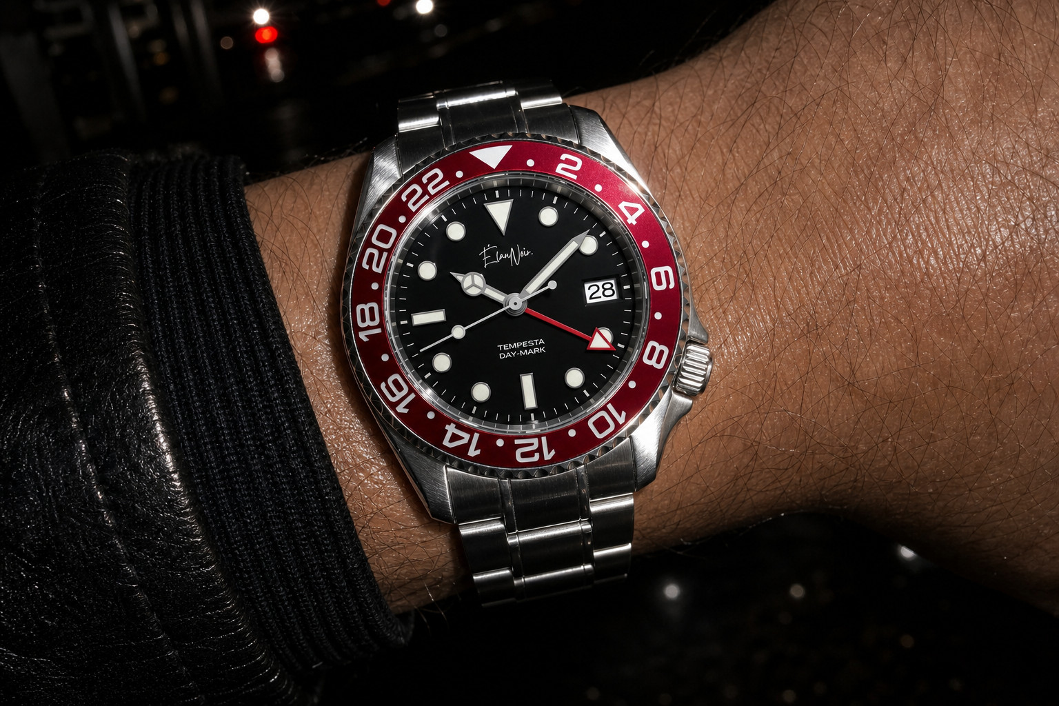 Custom Élan Noir Tempesta Automatic GMT Watch 41mm 316LSteel Dial Red/Black NH35