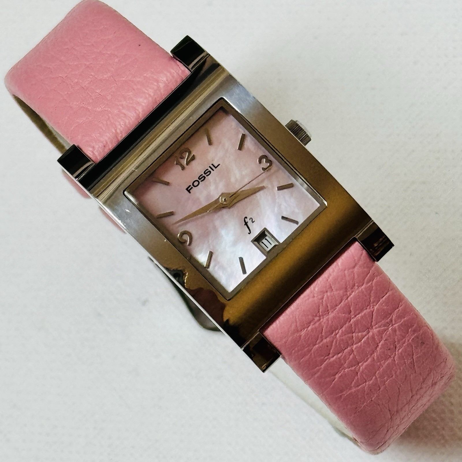 Vintage Fossil f2 Mother Of Pearl Women’s Tank Watch Date Silver Leather ES-9757