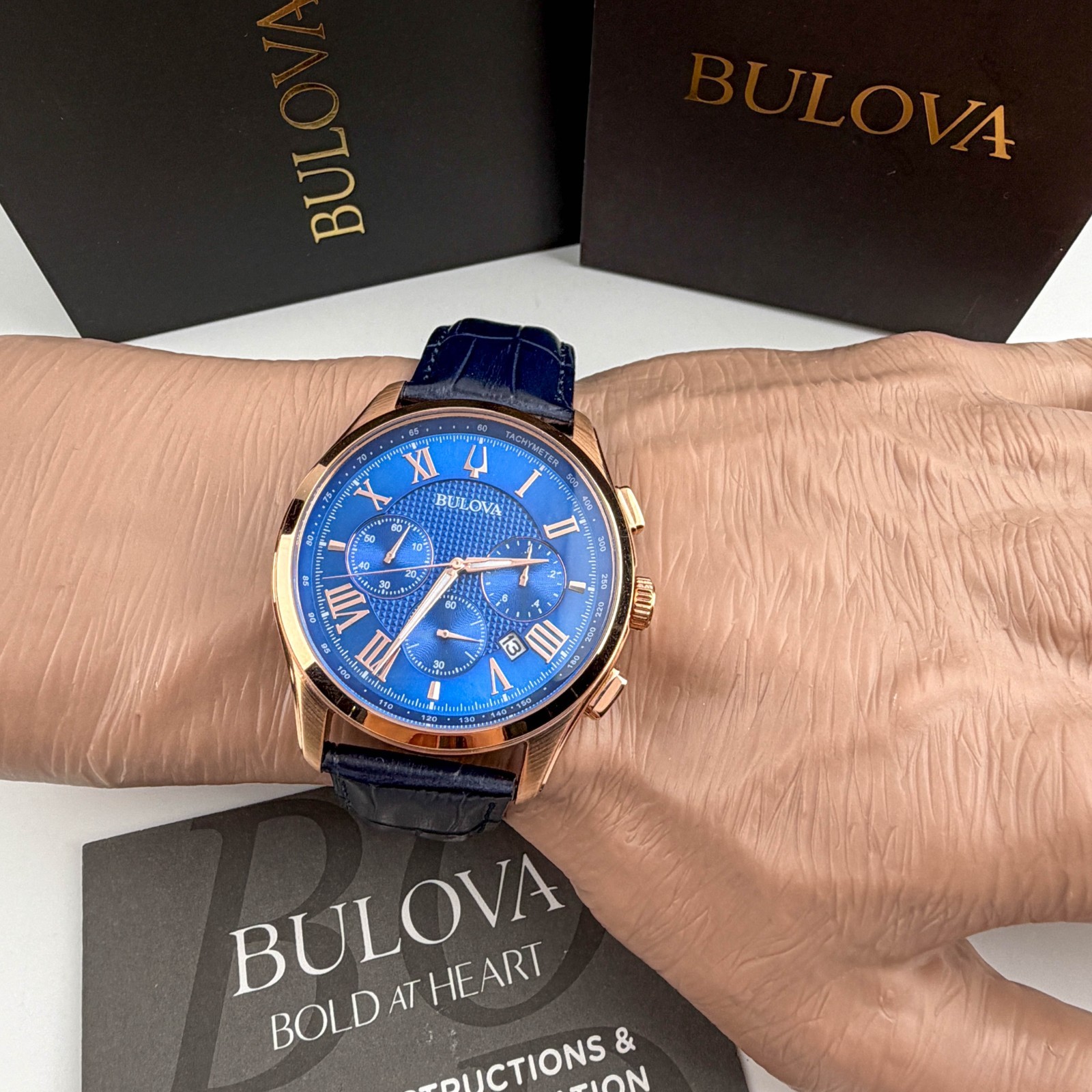 Bulova Classic 97B170 Wilton Blue Dial Chrono Leather Strap Men’s Watch 46mm