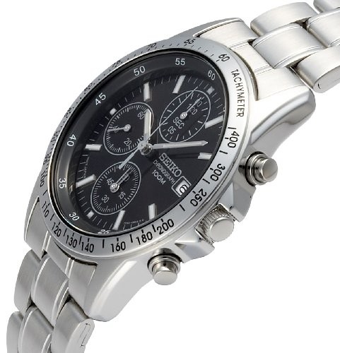 SEIKO Chronograph SND367PC Black Dial Quartz Watch Stainless Steel Men Y860491