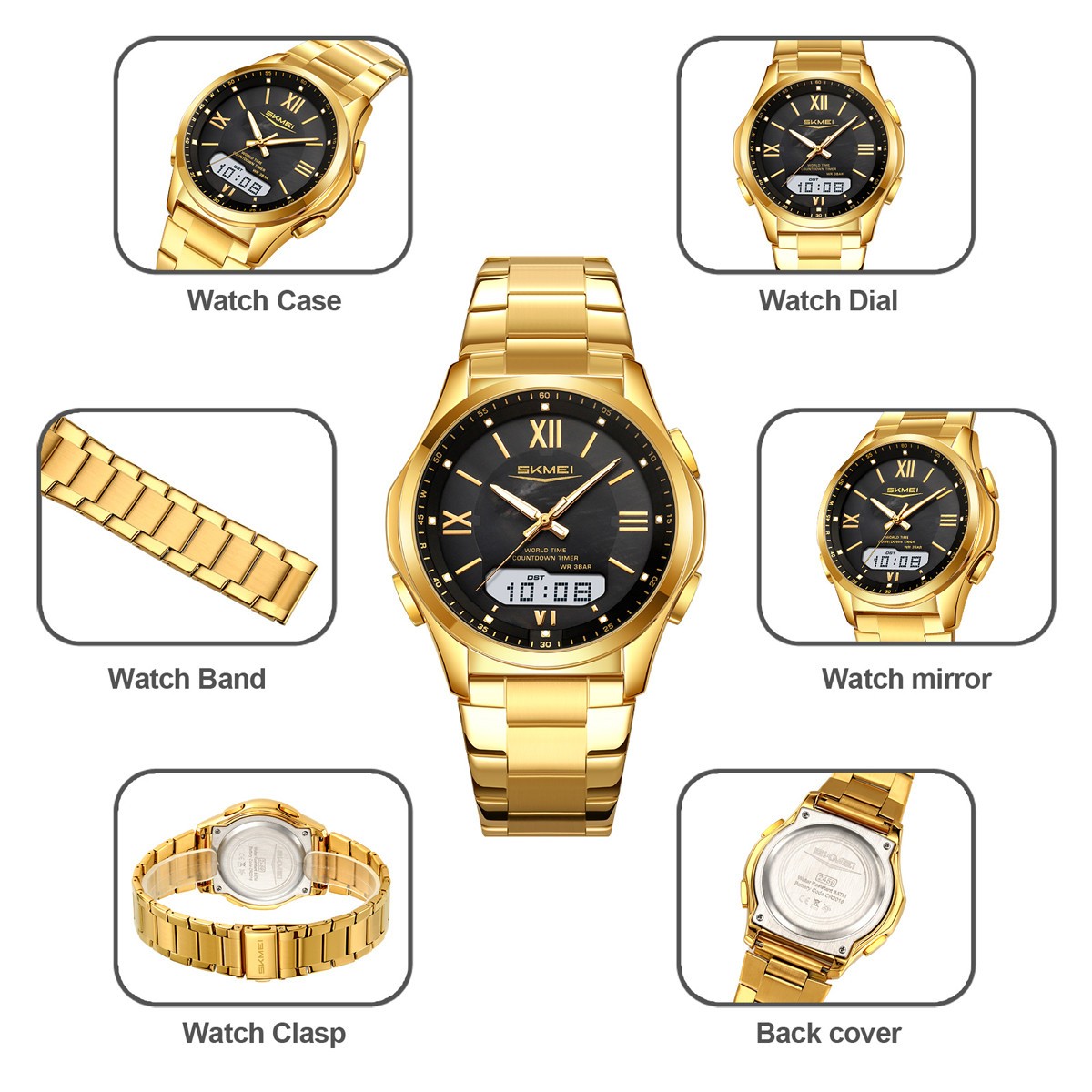 SKMEI Men Quartz Watch Roman Numeral Digital Wristwatch Male Steel LED Watches