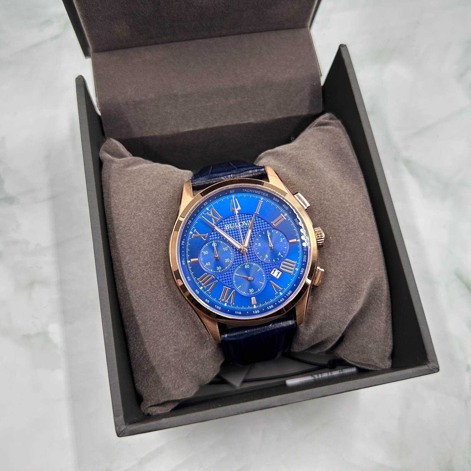 Bulova 97B170 Wilton Blue Classic Chronograph Men’s Quartz Leather Watch 46.5MM
