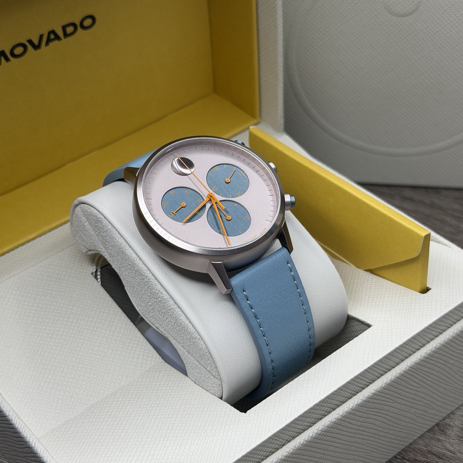 NEW✅SWISS✅ Movado FACE Silver Dial Blue Leather Chrono Aluminum Watch 3640148