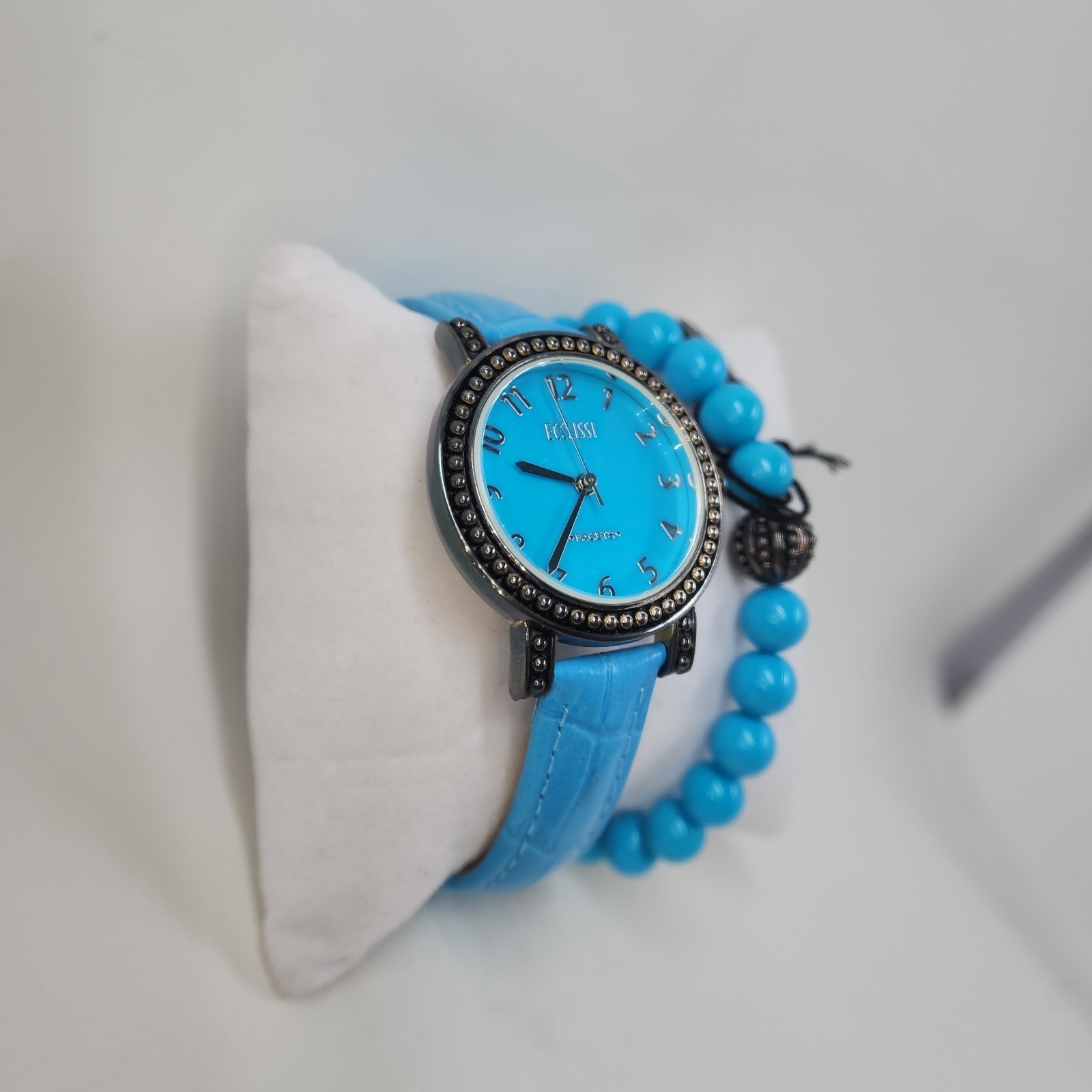 Ecclissi Turquoise Gemstone Leather Watch w/ Stretch Bracelet, Average