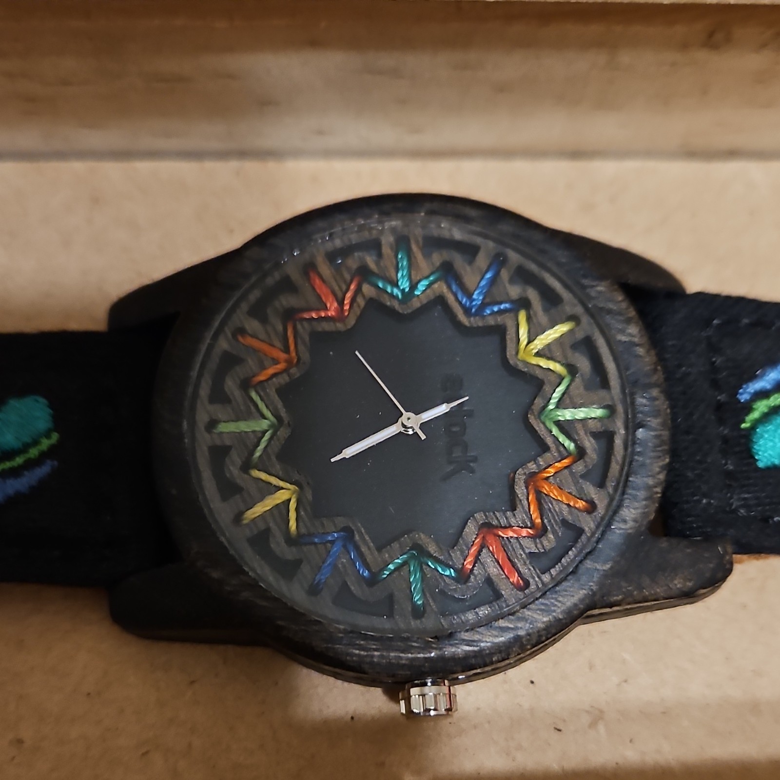 Men’s watch, handcrafted, featuring wood embroidery