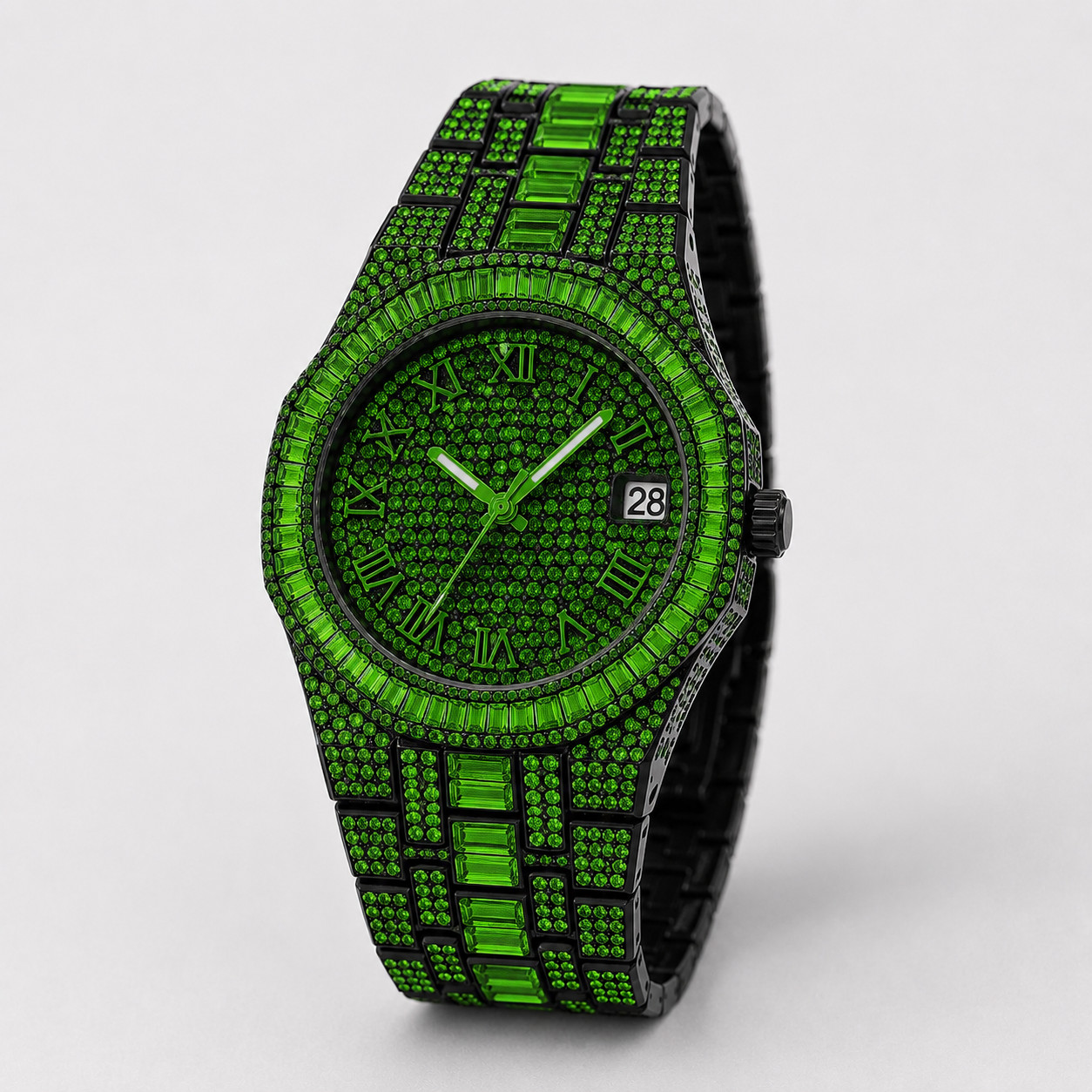 Mens Iced Out Green Baguette CZ Crystal Watch Black Hip Hop Quartz Date 39mm