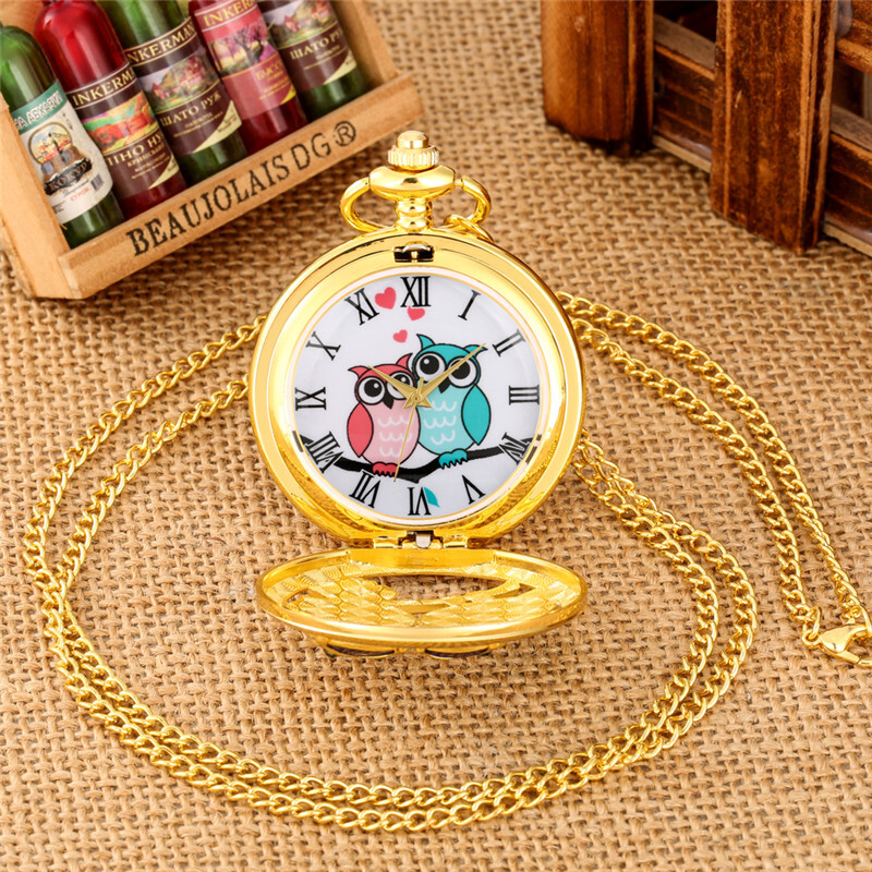 Diamond Handicraft Two Owls Pattern Quartz Pocket Watches for Women Men Gifts