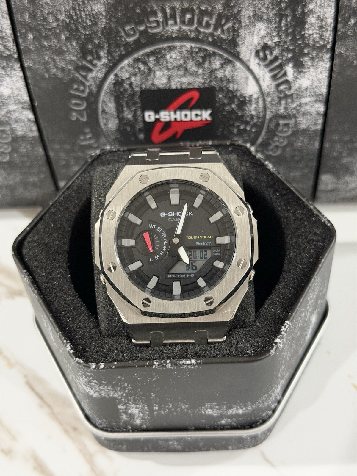 Casio GA-2100 G-Shock Watch – Sandblasted Silver Case Mod – Black Dial