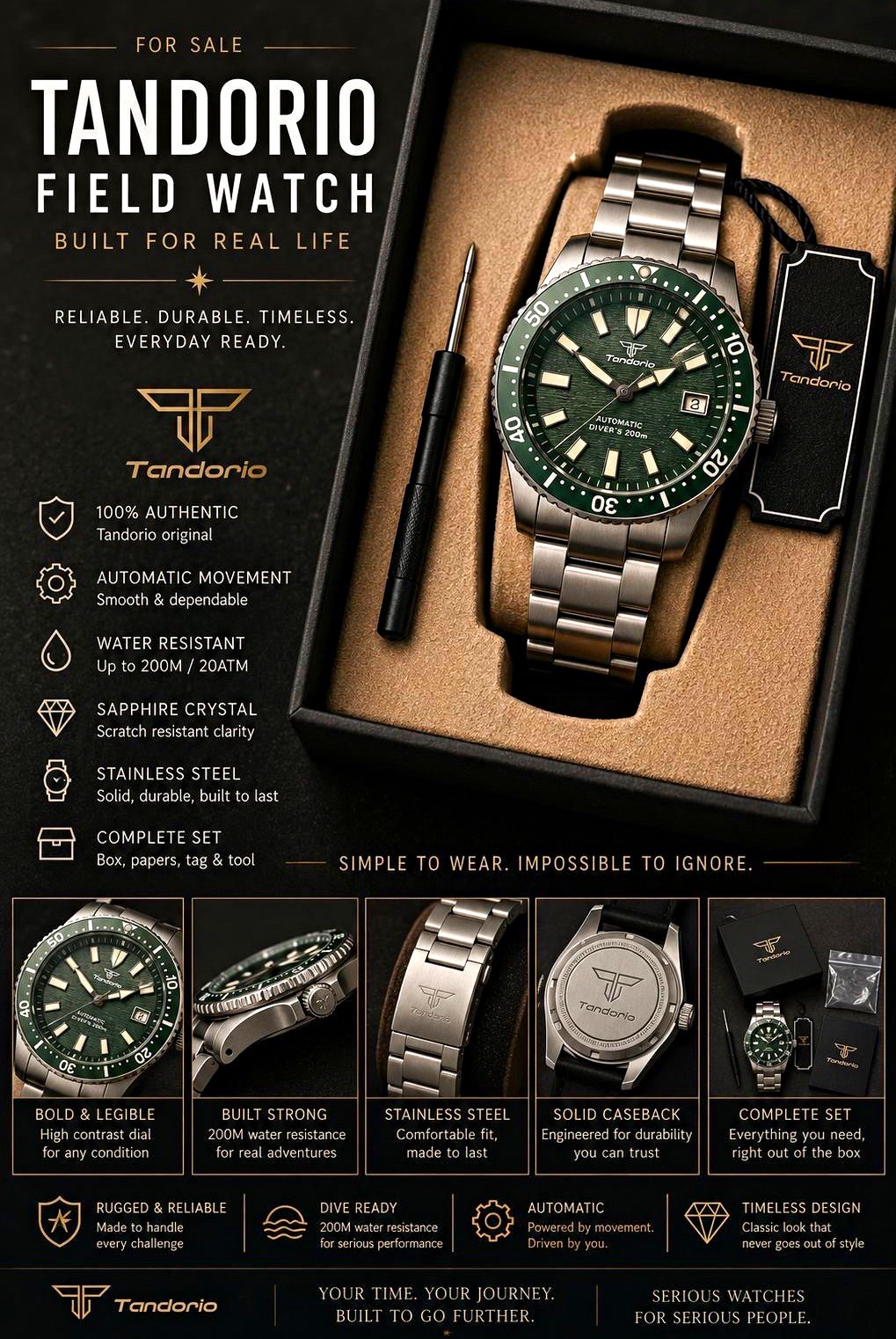 Tandorio Field Watch Automatic 200m Sapphire Green Dial/Bezel 38mm Steel