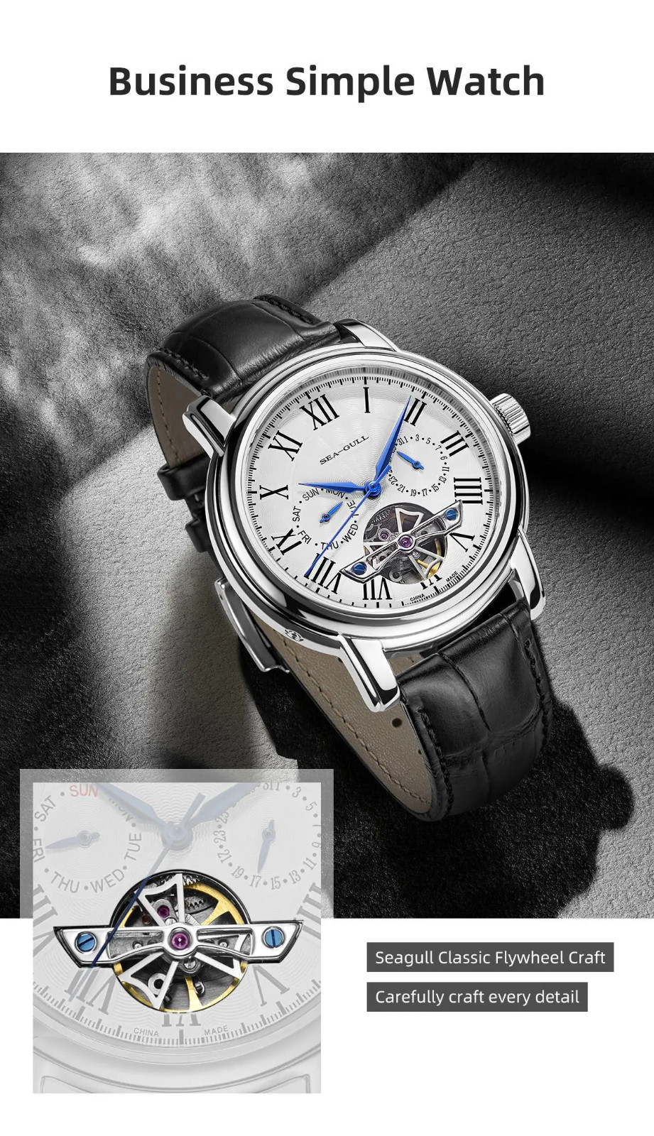 Seagull Automatic Skeleton Watch — Open Heart Mechanical, Leather, Slate & Crown