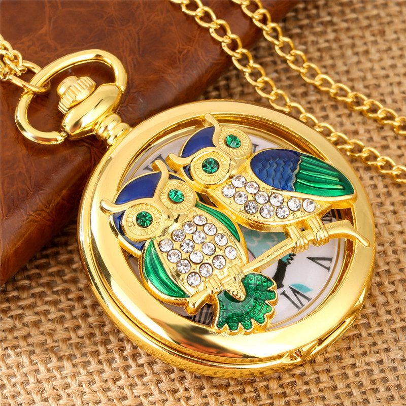 Diamond Handicraft Two Owls Pattern Quartz Pocket Watches for Women Men Gifts