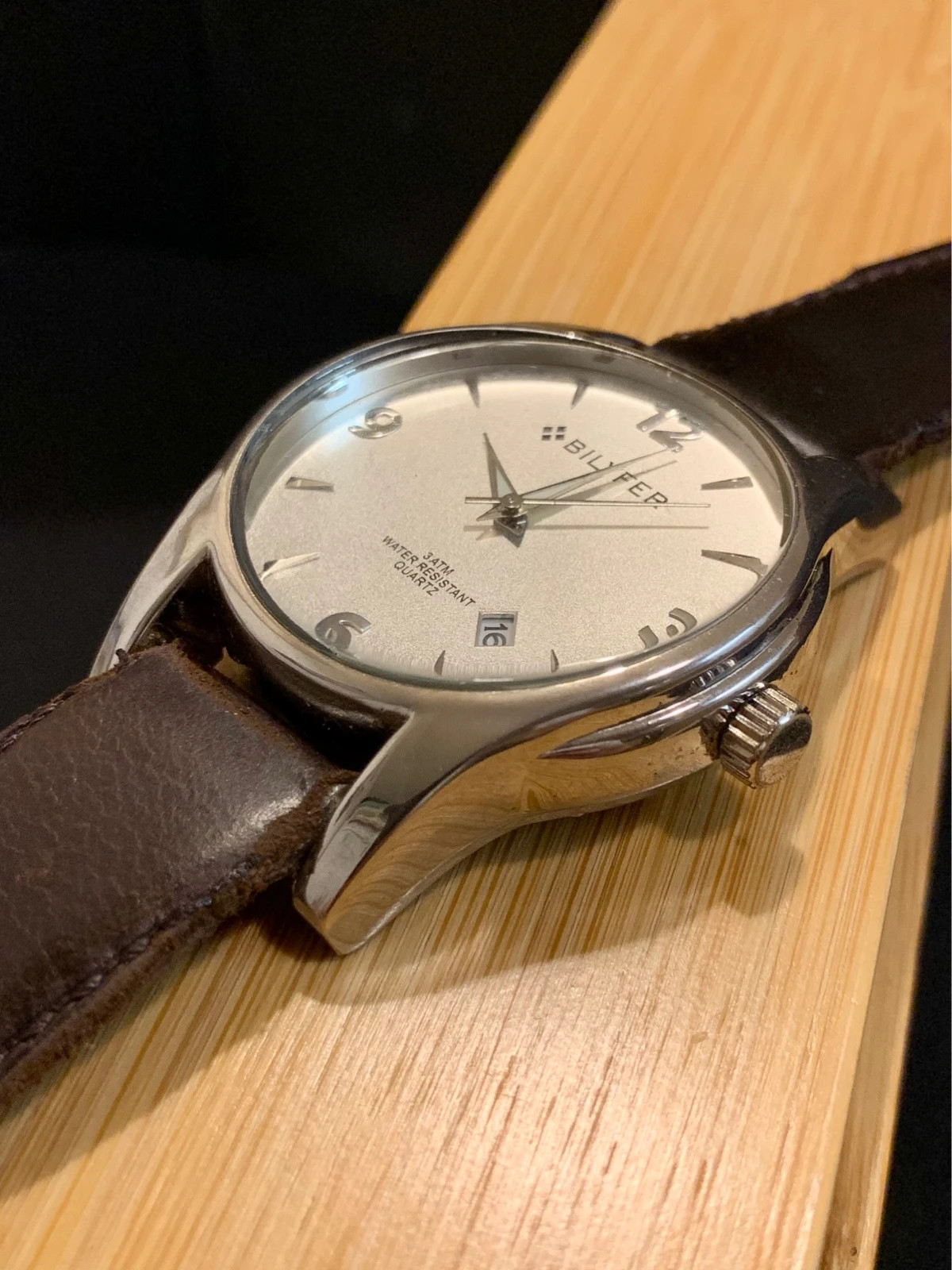 Bilyfer Classic 42mm Watch Silver Dial Brown Leather Strap