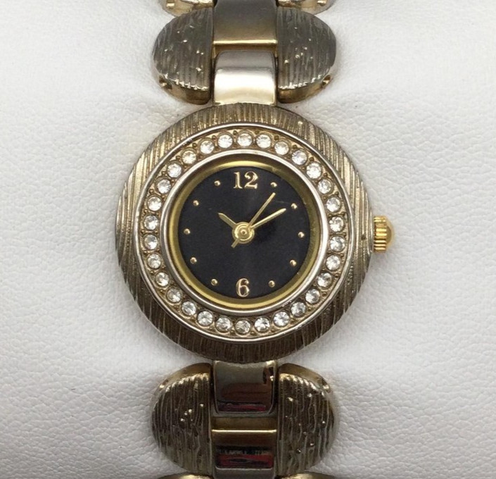 Allude Womens Watch 24mm Gold Tone Dial Crystal Bezel Textured New Battery 6.5″