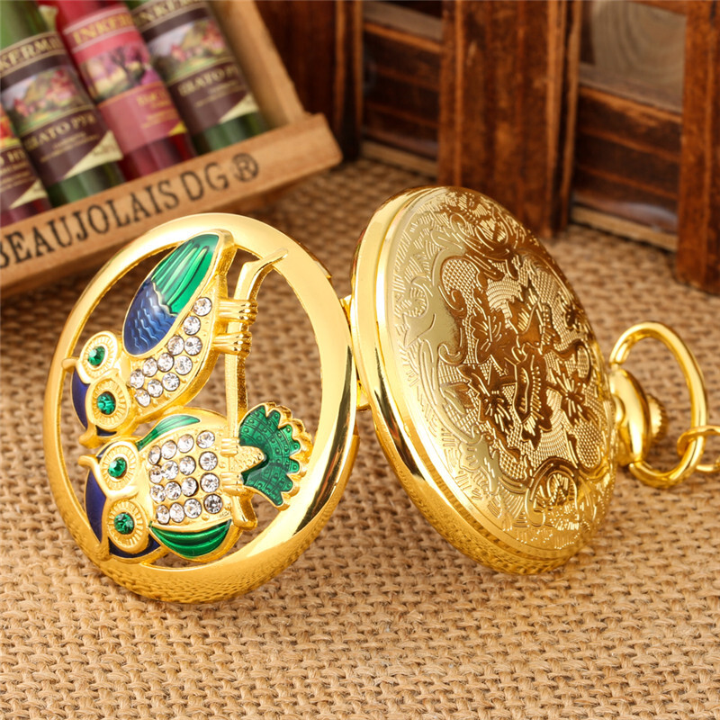 Diamond Handicraft Two Owls Pattern Quartz Pocket Watches for Women Men Gifts