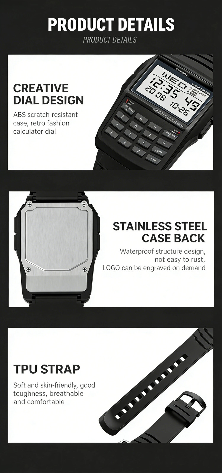 Men’s Digital Calculator Watch LED Multifunction Sports Wristwatch