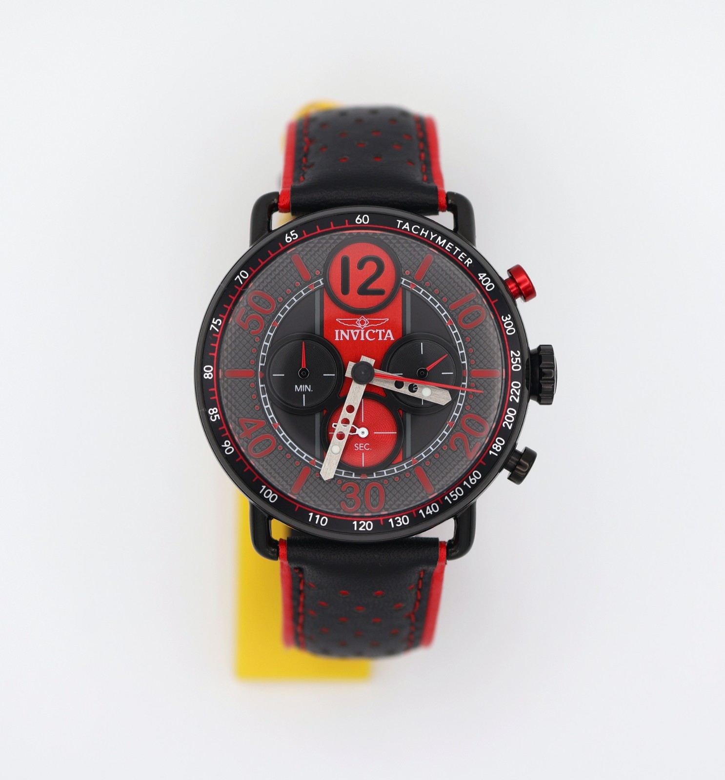 Invicta Racing Chronograph 49366 44mm Black Red Dial Leather Strap Date Quartz