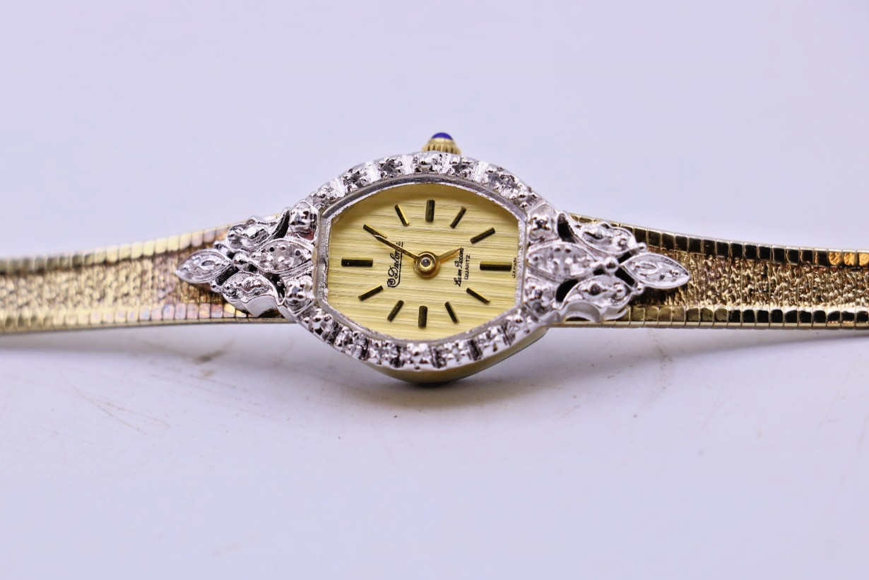 Dufonte by lucien piccard diamond bezel gold tone wrist watch 17mm 7″ adjustable