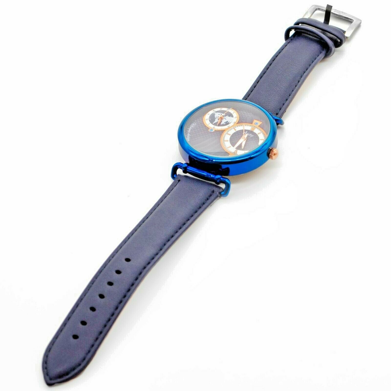 Men’s Watch: World Charterer Blue & Navy Leather. USA Shipping. New Sporty Look