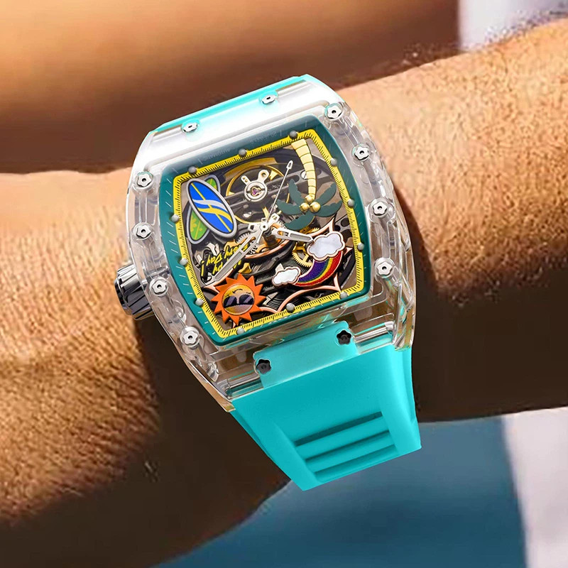 PINDU Men Mechanical Watch Tonneau Summer Beach Glowing Waterproof Silicone