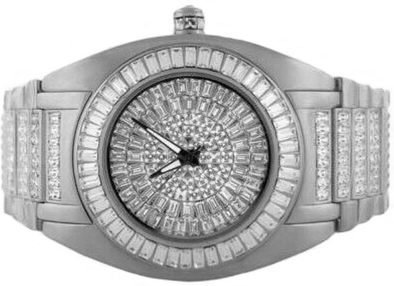 FULL ICY CELEBRITY WEAR WHITE GOLD TONE SIMU DIAMOND BAGUETTE SWISS CUSTOM WATCH