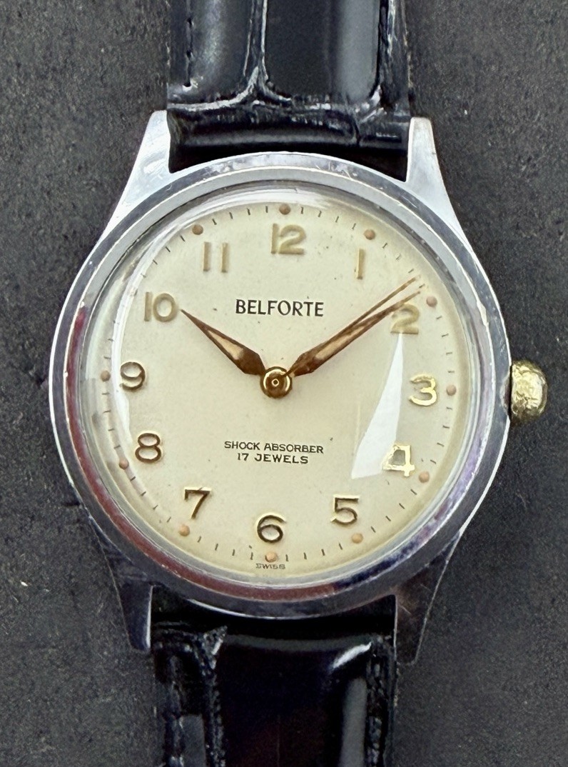 Vintage BELFORTE Men’s 36mm Mechanical Watch 17 Jewels Steel Cream Leather 11B25
