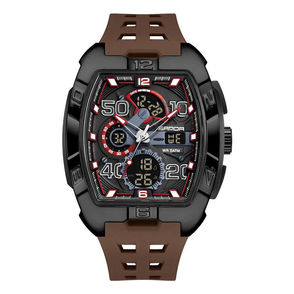 SANDA Fashion Men’S Dual Display Sport Digital Watch TPU Large Dial Luminous Chr