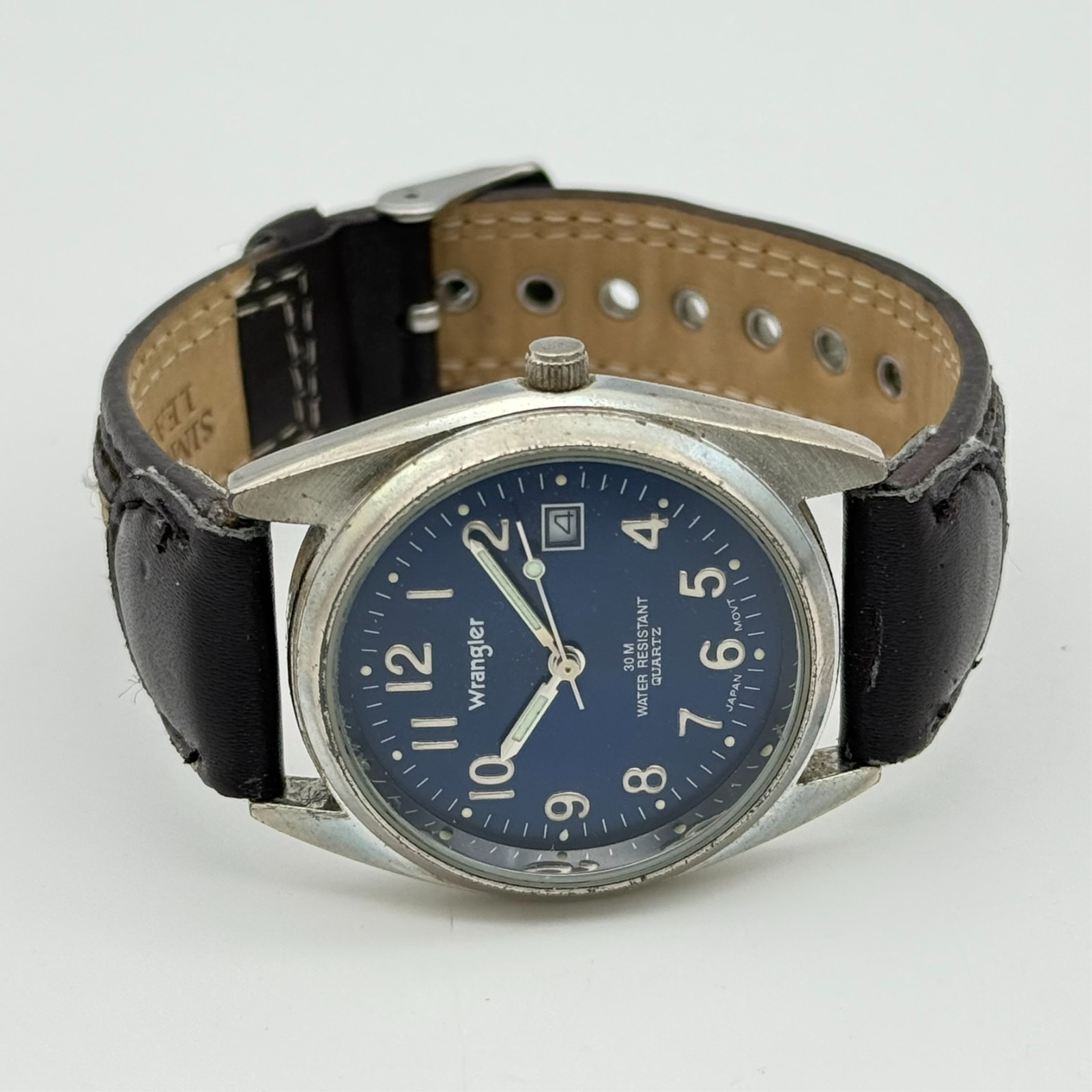 Men’s WRANGLER Hero Classic Silver Tone Watch, Blue Dial, 36mm, Brown Band, Runs