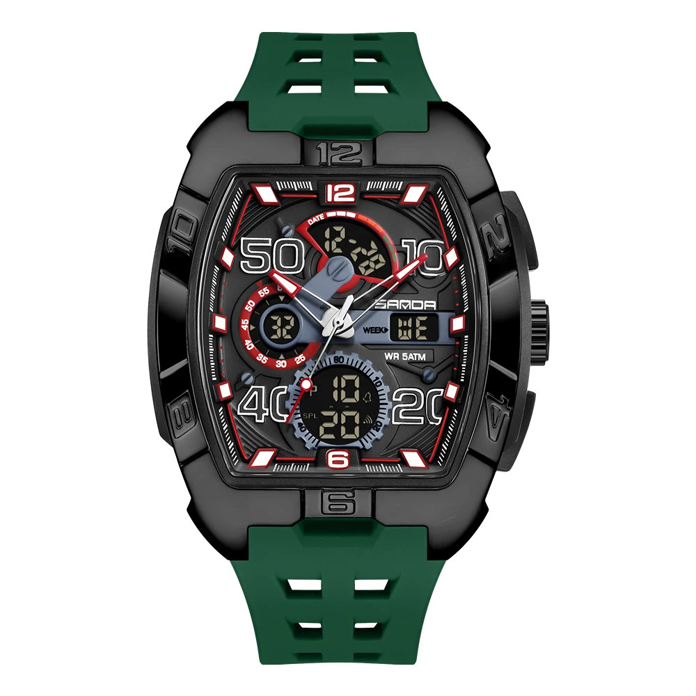 SANDA Fashion Men’S Dual Display Sport Digital Watch TPU Large Dial Luminous Chr