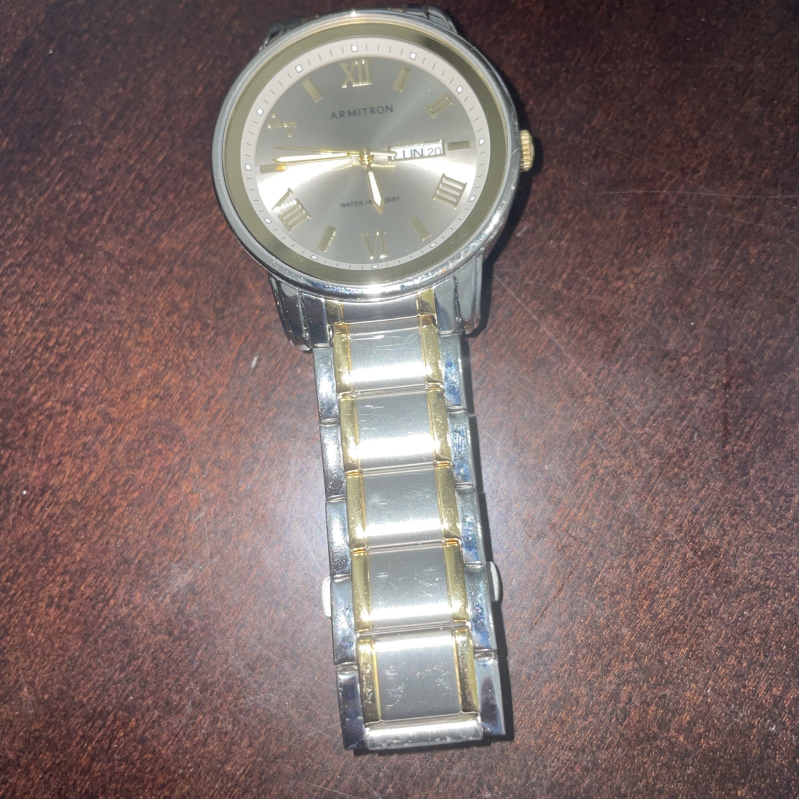 Armitron Mens Watch Two Tone Bracelet Day Date Roman Indices 7″ New Battery