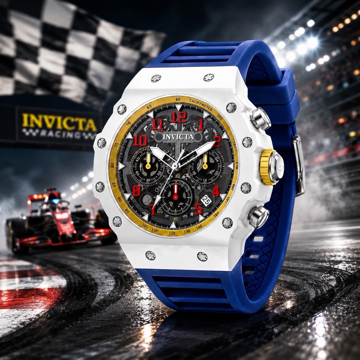 Invicta Racing Vaulthan Men’s 44mm Blue, White, Yellow & Red. Skeleton Dial COOL