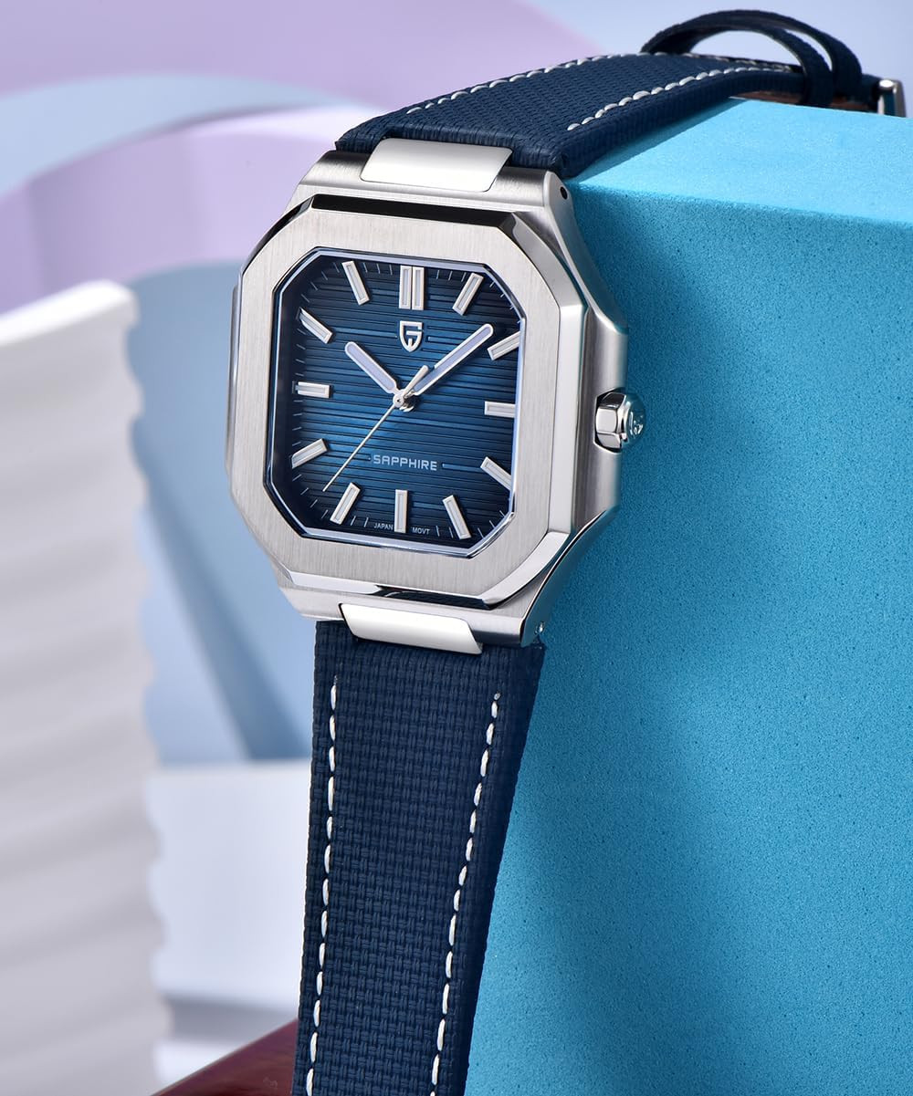 Stylish Octagonal Watch, Sapphire Glass, Silver Case, Navy Leather Band, 37mm